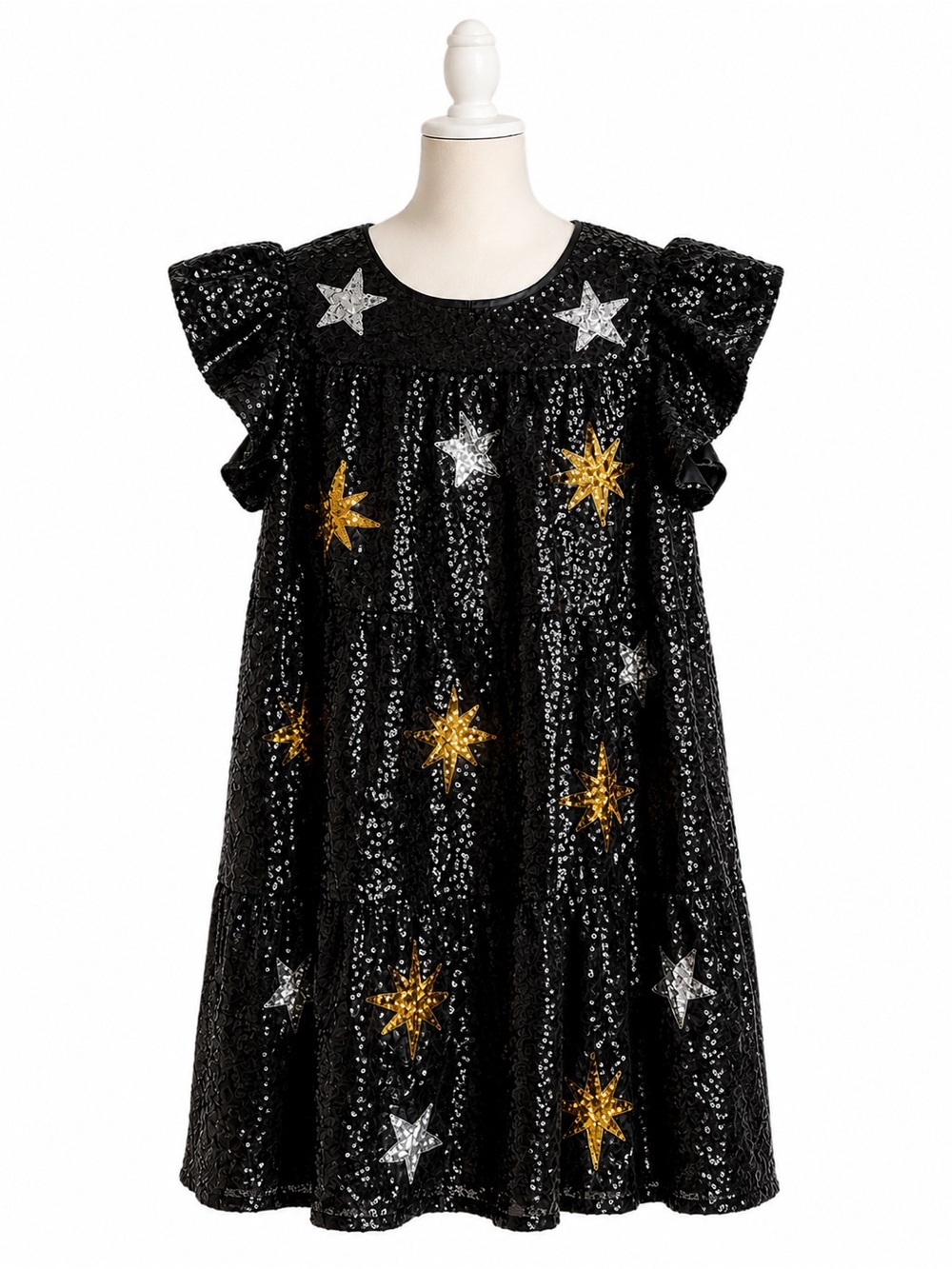 Peach Love California Black Sequin Star Dress with Gold & Silver Stars